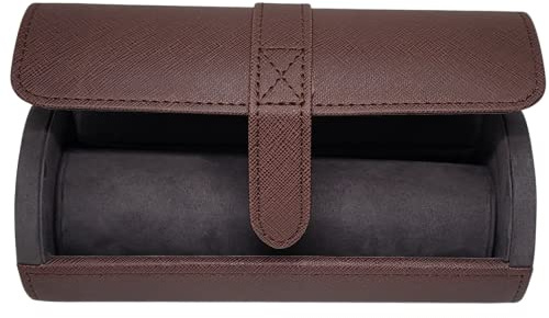 TIMELYBUYS Deluxe Brown Saffiano 3 Watch Bangle Bracelet Travel Watch Case and Jewelry Roll Father's Day Gift