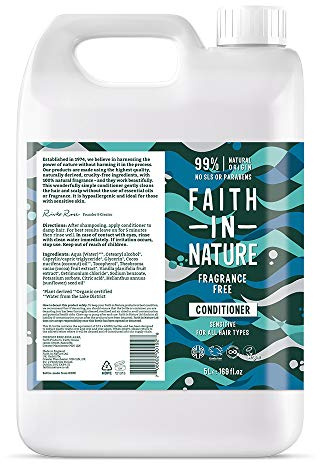 Faith In Nature Après-shampoing naturel sans parfum, sensible, végétalien et sans cruauté envers les animaux, sans SLS ni parabènes, pour tous les types de cheveux, recharge de 5 L