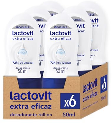 Lactovit - Desodorante Extra Eficaz Invisible Men Anti- Manchas, 0% Alcohol, Anti-irritaciones Y 48h De Eficacia, Desodorante Roll On con Protein Calcium - Pack 6 x 50 Mililitros
