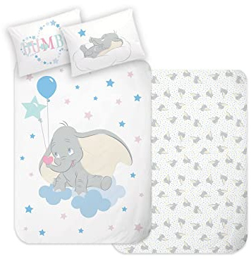 Disney Home Dumbo babysängkläder, 100 x 135 cm – örngott 40 x 60 cm – vändbart motiv – sängkläder för barn – supermjukt förstärkt 100% bomull, 2-delat dumbo, Oeko-Tex Standard 100