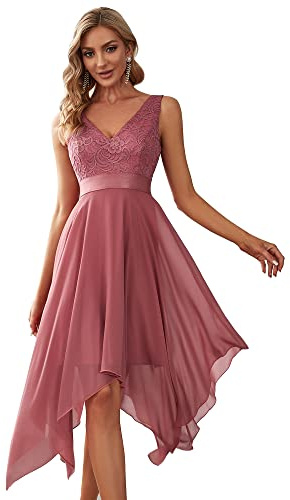 Ever-Pretty Robe de Cocktail Asymétrique au Genou Femme Double Col-V sans Manche en Dentelle Mousseline de Soie 0207