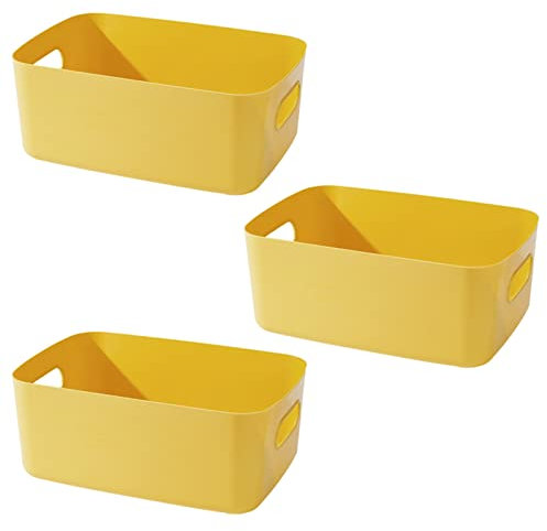 Yngffb Set of 3 Small Plastic Storage Baskets, Office Home and Kitchen Tidy Organiser, For organizing stackable storage boxes with handles,19 x 13.5 x 7.5cm, (yellow)