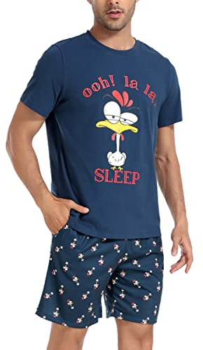 Jezonga Pyjama Homme Coton Été Ensembles de Pyjama Court à Manches Courtes Impression de Motif Mignon Vêtements de Nuit Vêtements de Détente Bleu M
