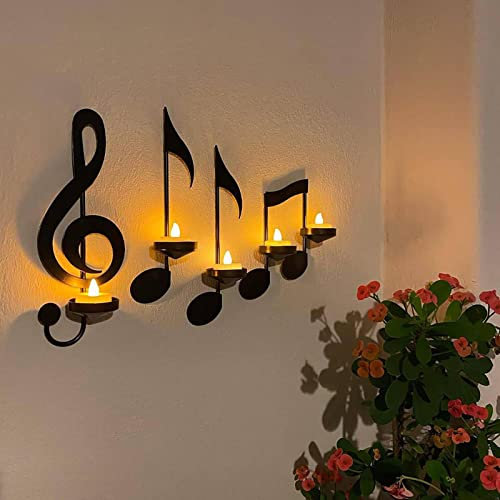 Youany Music Note Candle Holder, 4 Black Music Note Wall Sconce Tea Light Candle Rack, Iron Candle Holder Decorations, For Home Off-ice Classroom, Housewarming