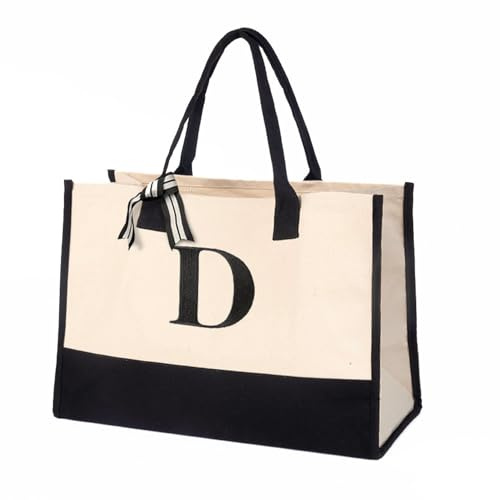 Salt Earth 100% Cotton Personalized Everyday Canvas Initial Tote Bag for Women, Monogrammed Large Utility Bag for Beach, Travel, Grocery, Best Gift for Birthday, Retirement, Bridesmaid and Friend(D)