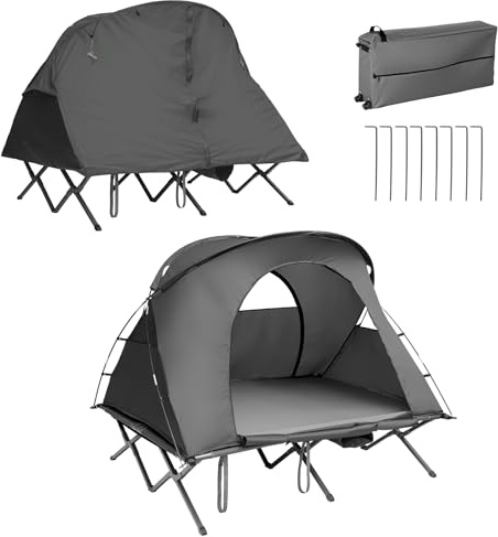 HOMASIS Tenda da Campeggio 2 Posti, Tenda Trekking con Letto da Campo, Tenda a Cupola con Materasso Gonfiabile, Tenda Impermeabile con Copertura Antipioggia e Borsa, 194 x 146 x 160 cm (Grigio)