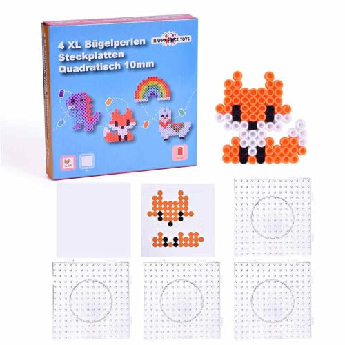Happy Price Toys 4 plaques carrées Maxi XL de 10 mm à assembler + 1 modèle en papier renard (compatible avec toutes les perles à repasser Maxi) dans un coffret cadeau coloré
