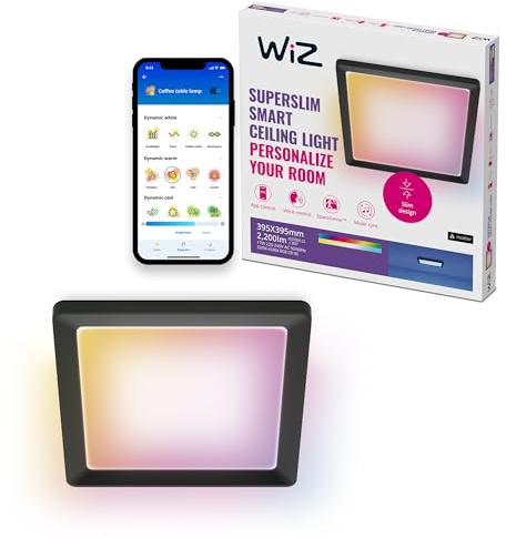 WiZ smarte Deckenleuchte - Schlankes quadratisches Design, 395 x 395 mm, Sprach- / App-Steuerung, Zeitplanung, funktioniert mit Google Home, Amazon Alexa und Apple HomeKit, Innenbeleuchtung, schwarz