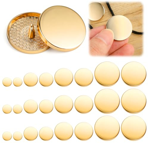 AOZUO 24 Pièces Boutons Dorés Mercerie, 10mm, 15mm, 20mm, 25mm Boutons Dorés Métalliques Plats pour Jeans, Chemises, Costumes, Pantalons, Vestes