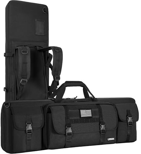 AKOZLIN Abnehmbare Nationalflagge Doppelter Gewehrkoffer, tragbarer Langer Gewehrtaschen-Rucksack mit 3 Aufbewahrungstaschen für Jagdschießen im Freien, Transport von Schusswaffen 36in