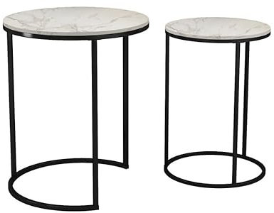 URBNLIVING 2 Pcs Round Nesting Stacking Sofa Side Bedside End Tables Set White Marble Wooden Top with Black Metal Leg Modern Space Saving Accent Coffee Tea for Living Room Bedroom Office