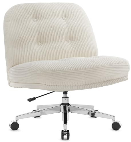 IWMH Bürostuhl ohne Armlehnen, Breiter und Dicker Drehstuhl mit Rollen,Höhenverstellbar Schreibtischstuhl mit Kordsamt, Ergonomischer Stuhl, Lesesessel zum Sitzen im Schneidersitz (Weiß)