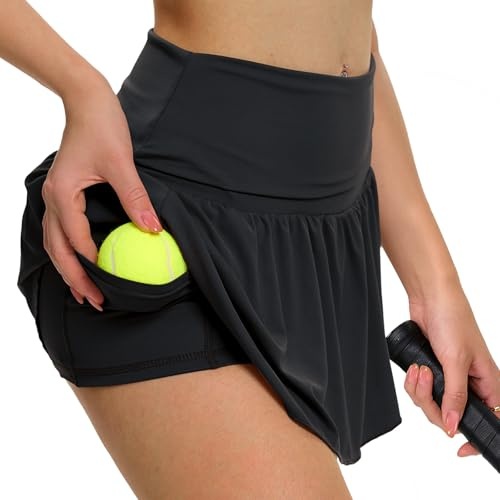 Eisnnu Gonna Corta da Tennis da Donna Elastico in Vita, Gonna Corta con Pantaloni, Gonna Estiva da Skater Sportiva (IT, Testo, S, Regular, Regular, Nero)