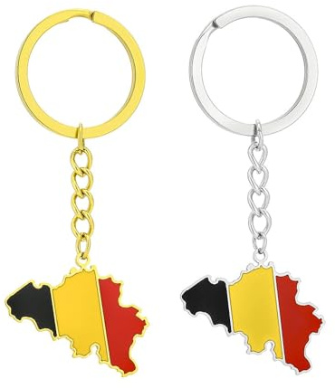 ZENRUIMING 2 st Belgien karta flagga nyckelring, vintage etnisk stil rostfritt stål nyckelring, Belgien resesouvenir, flaggfärg, 7,7 cm x 3,2 cm (3,03 tum x 1,26 tum), flaggfärg, 7,7 cm x 3,2 cm (3,03