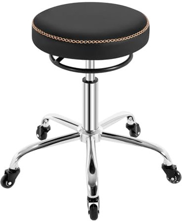 WOLTU Rollhocker höhenverstellbar, Bürohocker 360° drehbar, Drehhocker mit Rollen, runder Hocker Arbeitshocker für Büro, Salon und Spa, Kunstleder, Schwarz