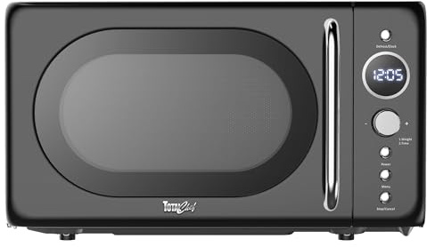 Total Chef Microwave Oven 20L 700W Retro Mini Ovens Digital LED Display 8 Preset Modes 60 Min Timer 5 Cooking Power Levels Removable Glass Turntable Countertop Freestanding Small Microwaves Black