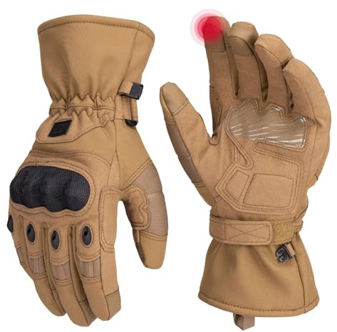 KEMIMOTO Tactical Gloves for Men, Winter Warm Motorcycle Gloves with Touchscreen Hard Shell & Palm Padding for Motorcycle Riding Tactical Airsoft Paintball Hiking Camping Climbing Brown L