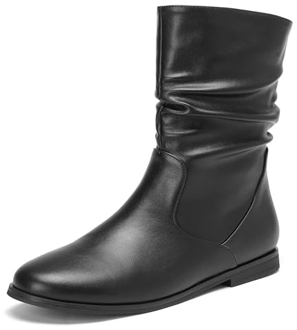 Pixoecuty Black Slouch Ankle Boots For Women Booties For Women Low Heel Flats Mid Calf Zipper ASIAN Size 38