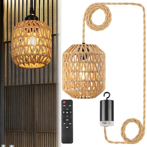 GOMETY Lámpara colgante con batería para exterior, lámpara colgante de ratán estilo bohemio con batería y control remoto, E27 lámpara colgante sin conexión eléctrica, lámpara colgante de ratán para