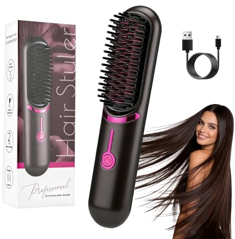 Midslinee Cepillo Alisador De Cabello, Cepillo Alisador Pelo Lónico, 3 Temperaturas, Cepillo Alisador de Pelo Inalámbrico, Calentamiento Rápido, Apta para Todo Tipo de Cabello (Negro)