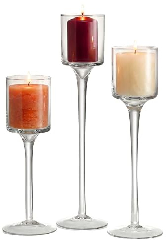 Relaxdays ljushållare, 3-TLG. Set, 3 storlekar, glas, blockljus, värmeljus, simljus, ljusstakar, transparent