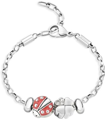 Morellato SCZ676 Bracciale da Donna, Collezione Drops, Coccinella e Quadrifoglio Portafortuna, in Acciaio Inossidabile, Lunghezza 17+3 cm, Idea Regalo Amica