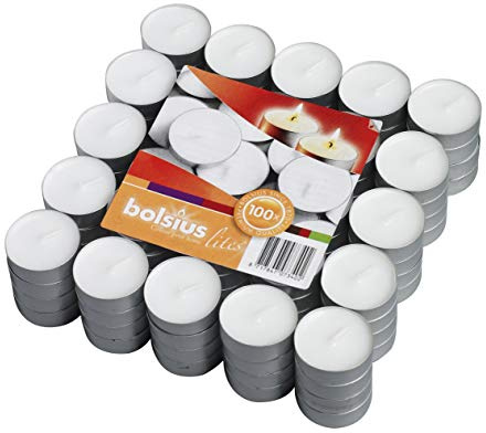 BOLSIUS Paquete de 100 velas de té sin perfume – 3,5 horas – Calidad europea premium – llama constante sin humo – mecha 100% algodón – Cena, boda, fiesta, restaurante, spa, iglesia y decoración del hogar