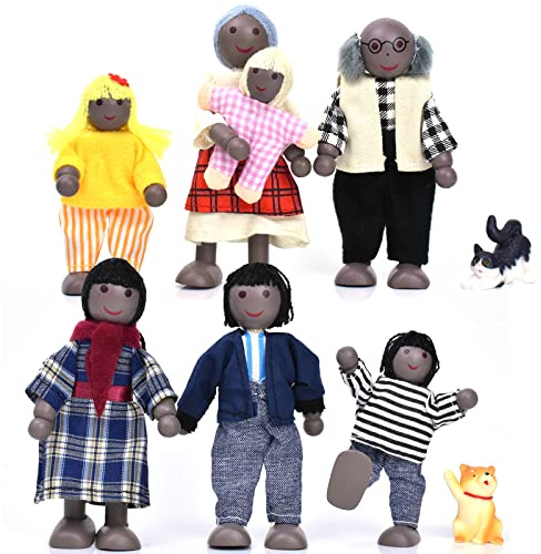 Jzszera Dolls House People of 7 Wooden Figure Set and 2 Pets, Cute little family Set for Dolls House Accessories