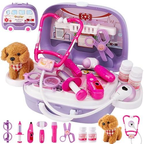 HYAKIDS Tierarzt Spielzeug Arztkoffer Kinder ab 3 Jahre, mit Hunde Spielzeug, Rollenspiel Tierarztkoffer Tierarzt Spielset Hundesalon Spielzeug, Geschenke für Junge Mädchen ab 3 4 5 Jahre