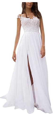 Robe de Mariée en Mousseline de Soie et Dentelle - Longue, Vintage, Bohème, Élégante Avec Fente - Pour Femme