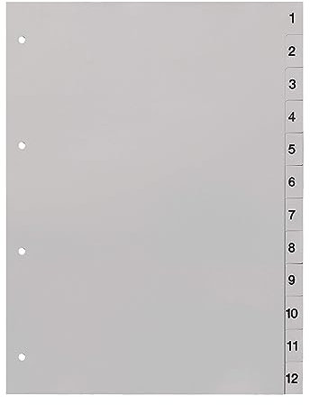 Ordnerregister 1-12, neutral, ohne Deckblatt, 12-teilig, DIN A4, Register aus PP, strapazierfähige Trennblätter für Ordner, lichtgrau