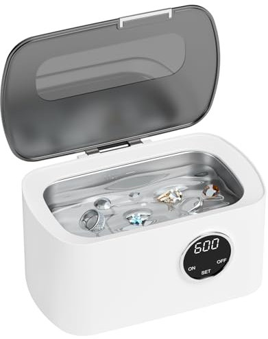 Nettoyeur Ultrasons 600ML, Nettoyeur Ultrason Lunettes 43kHz, Nettoyant Ultrason Bijoux avec 5 Réglages de Temps, Panier et Support pour Lunettes Bijoux Montres Collier Tête de Rasoir