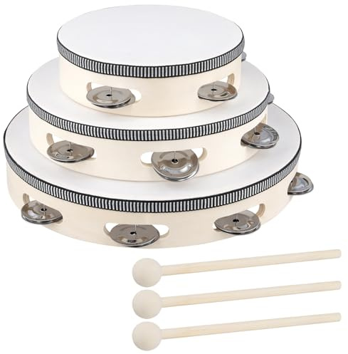 MAHIONG 3 Pack 6 Inch 8 Inch 10 Inch Wooden Tambourine, Wood Frame Hand Held Tambourine with 3 Drum Sticks for Rhythm Learning, Music Performances, Parties