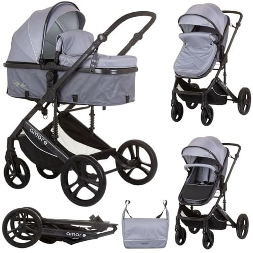 Chipolino Kinderwagen 2 in 1 Amore Getränkehalter Wickeltasche Fußabdeckung Korb, Farbe:grau
