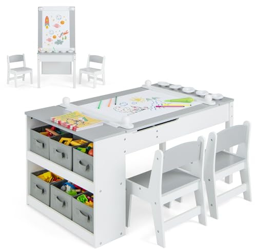 GYMAX 2 in 1 Kids Table and Chairs Set, Wooden Children Art Table with 2 Chairs, 6 Storage Boxes, Paper Roller, Paint Cups & Shelves, Toddler Activity Table Set for Drawing Writing (Grey), GY10243