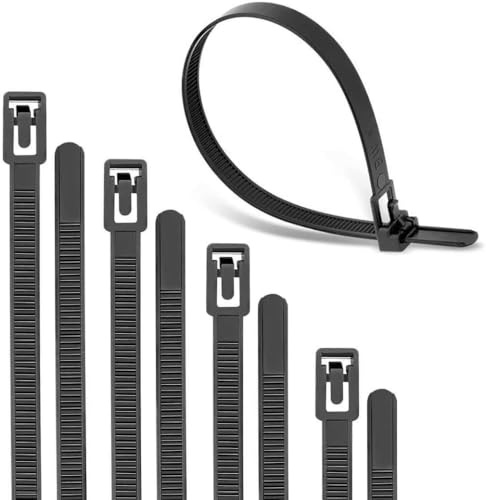 100 Pack Reusable Cable Ties, 200 mm x 4.8 mm Releasable Zip Ties, 8 inch Premium Nylon Plastic Tie Wraps, Black 50 lbs Heavy Duty Self Locking Cable with UV Resistant for Tidy Wires, Workshop, Garden