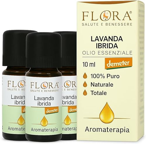 FLORA Olio Essenziale Lavanda Ibrida 3pz da 10 ml BIO-DEMETER – 100% Puro Naturale, Lavandula hybrida, Calmante & Purificante per Diffusore, Massaggi, Cosmesi, Aroma Alimentare