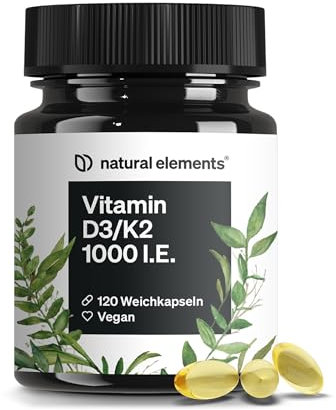 natural elements Vitamin D3 + K2 Softgel Kapseln – hochdosierte 1.000 I.E. Vitamin D3 und 20µg Vitamin K2 – 120 Kapseln – vegan, ohne unnötige Zusätze – in Deutschland produziert & laborgeprüft