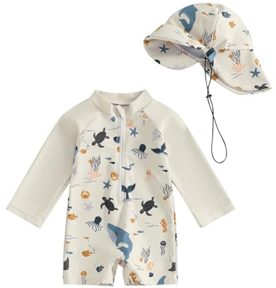 WYTbaby Traje de baño de una pieza para bebé, ropa de protección UV de manga larga para bebé niño con sombrero para el sol, beige, 18-24 meses