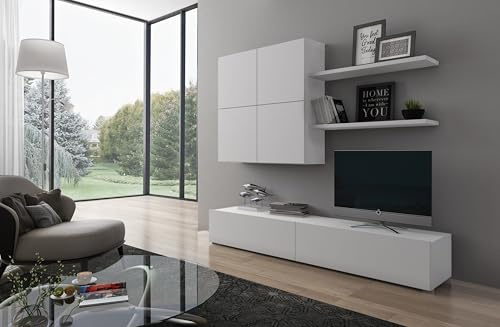 Arreditaly Parete Attrezzata Mobile Soggiorno Moderno Con Base TV 2 Ante Pensile 4 Ante e 2 Mensole Design Contemporaneo in Melaminico Facile da Pulire 200 x 194 x 40 cm Bianco