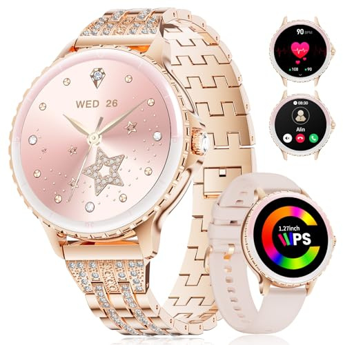 LIGE Montre connectée Femme Appels Téléphonique pour Android iOS 1,27 HD Rose Doré Acier Inoxydable Diamant Smartwatch Ronde,Fréquence Cardiaque,Moniteur de Sommeil,Podomètre,Calories,100+ Mode Sport