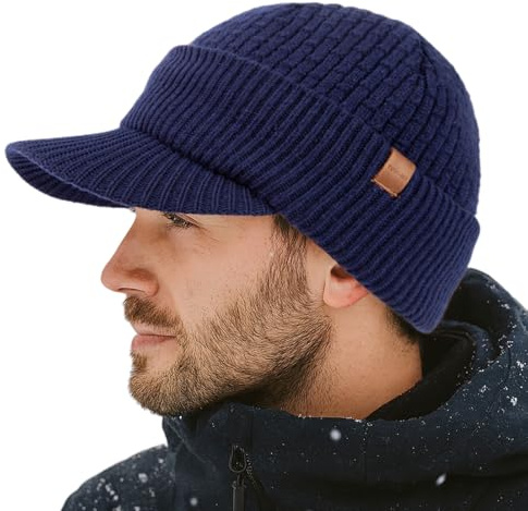 TOP-EX PolarWool™ 100% lana merino berretto con visiera uomo donna, cappelli invernali a maglia beanie con fodera in pile per outdoor running sci, M-XXL, Blu mare, M/L
