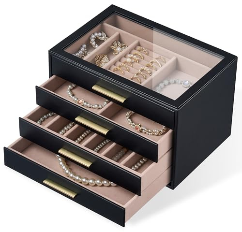 pickpiff Jewelry Box Organizer Case for Women: 4-Layer Jewelry Storage Case with Glass Window, Black Leather with Blush Velvet, Holder for Ring Necklace Bracelet Brooch Watch, Great Gift for Her