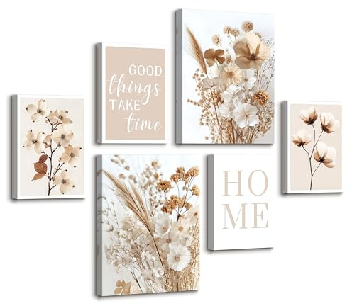 6 Sets Boho Beige Blanc Fleurs Tableau Decoration Murale Encadre, Minimaliste Maison Floral Impression Sur Toile Nature Plantes Affiche Tableau Peinture Posters Déco Mural pour Salon Chambre Cuisine