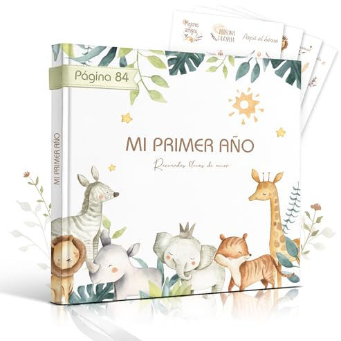 Libro Recuerdos bebe y Album Fotos bebe, 86 Páginas con Pegatinas - Desde el Nacimiento hasta los 1 Años - Baby Shower Regalo bebe Recien Nacido Niño y Niña
