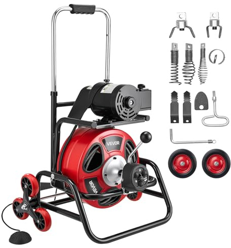 VEVOR Máquina de Limpieza de Desagües 30 m x 12,7 mm, Máquina de Limpieza de Tuberías con Alimentación Automática y Ruedas, Tambor Ajustable, 8 Cortadores y Pedal Neumático, para Tubos de 50-150 mm