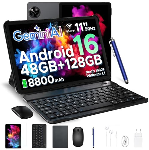 POCKAM P11 Tablet Android 16, Tablet 11 Pulgadas con 48GB RAM+128GB ROM/TF 2TB, T7250 Tablets Android con 90Hz Display, 8800mAh, 13MP+5MP, Gemini AI, Widevine L1, 5G WiFi, Teclado, Lapiz, Negro