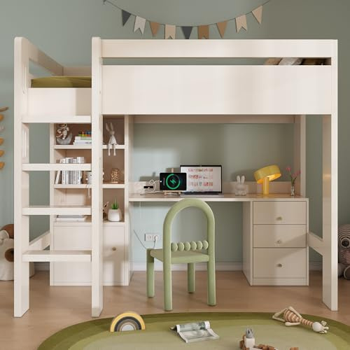 Mrwoo Children's Bunk Bed with Desk and Charging Station, Loft Bed with Bookshelf and Filing Cabinet, 90 x 190 cm, Children's Loft Bed with Stairs and Guardrail, White (No Mattress)