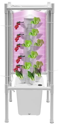 Poyujkyhr Système hydroponique à 6 étages, avec 30 endroits de plantation et 4 ampoules LED, tour hydroponique, arrosage automatique, 10 l, pour légumes, herbes, salade, fraises, blanc