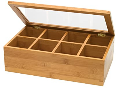 Lipper International Bamboo Wood Tea Box with Clear Lid, 8 Compartments, 12-1/2 x 7-1/2 x 3-5/8